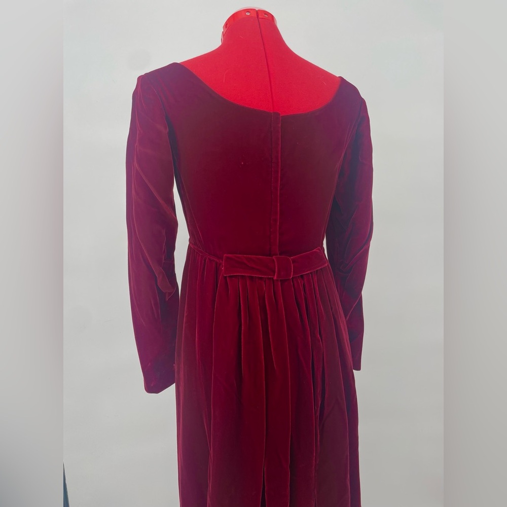 60s Velvet Deep Red/Burgundy Empire Waist Holiday Maxi Gown & Hair Accessory
